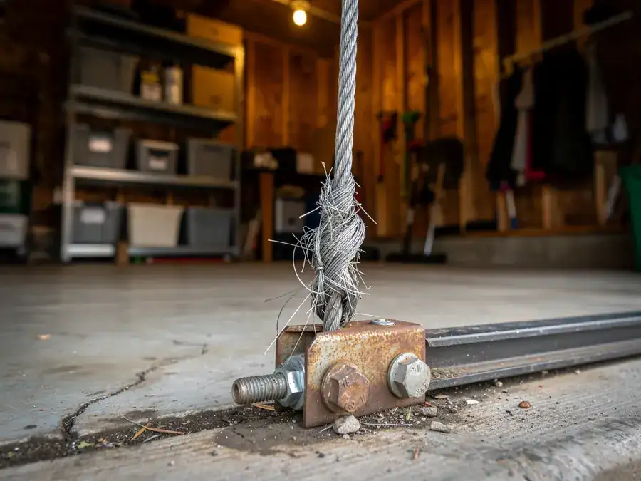 A frayed garage door cable is attached to a rusty bracket on the concrete floor.