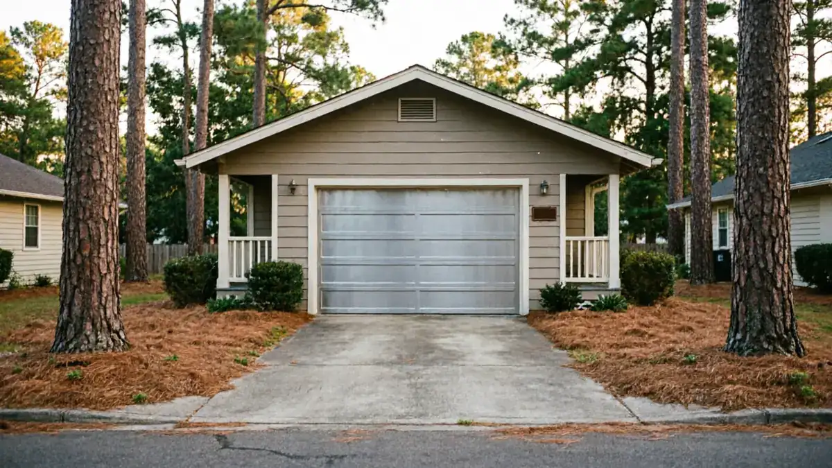A light brown house has a closed silver garage door and a concrete driveway.