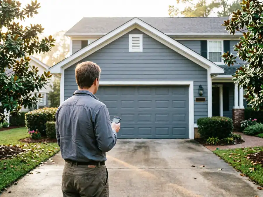 A man stands in a driveway looking at a gray garage door.