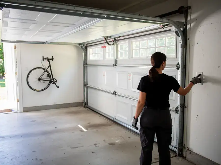 A technician presses a button on the wall next to an open garage door.