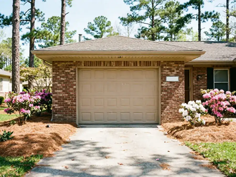 A tan garage door is on a brick house with a driveway and landscaping.