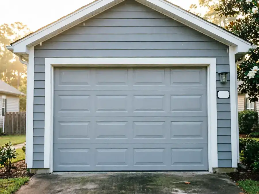 A light gray garage door is on a gray house with white trim.