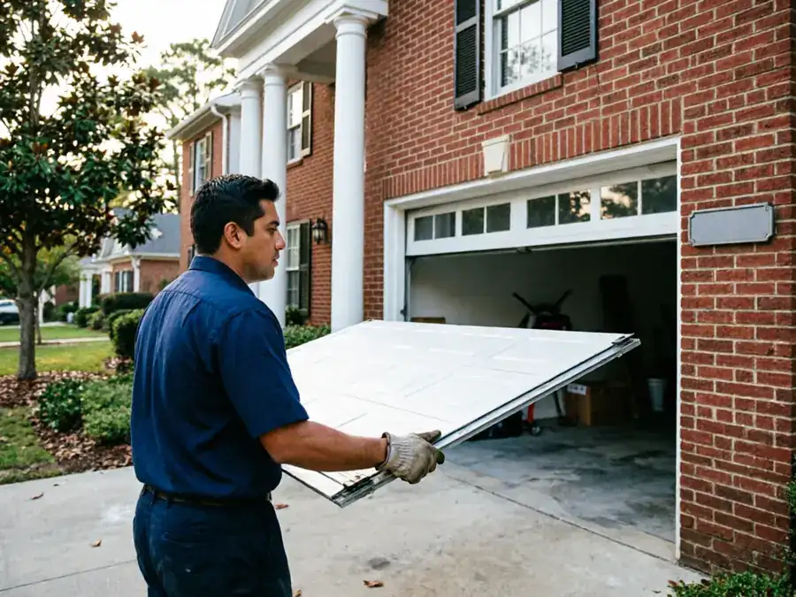 A technician carries a white garage door panel toward an open garage.